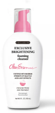 Foaming cleanser bottle with pink cap and text on a white background